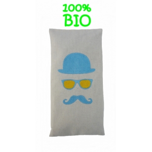 Bouillotte sèche bio-riz 19cm /10cm 'moustache 'bleu / jaune  