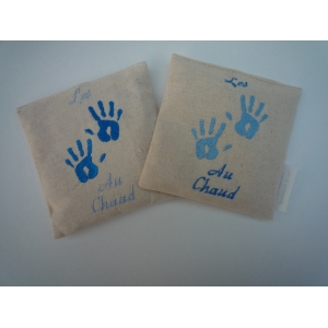 Lot 2 bouillottes sèche  bio 10cm/10cm ' les mains au chaud ' bleu 