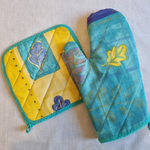 Gant de cuisine et manique - bleu vert/ jaune