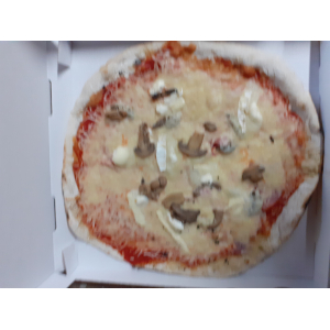 Pizza jambon, champigngnon, chèvre, emmental