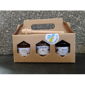 Assortiment 2 miels, bonbons, cuillère à miel